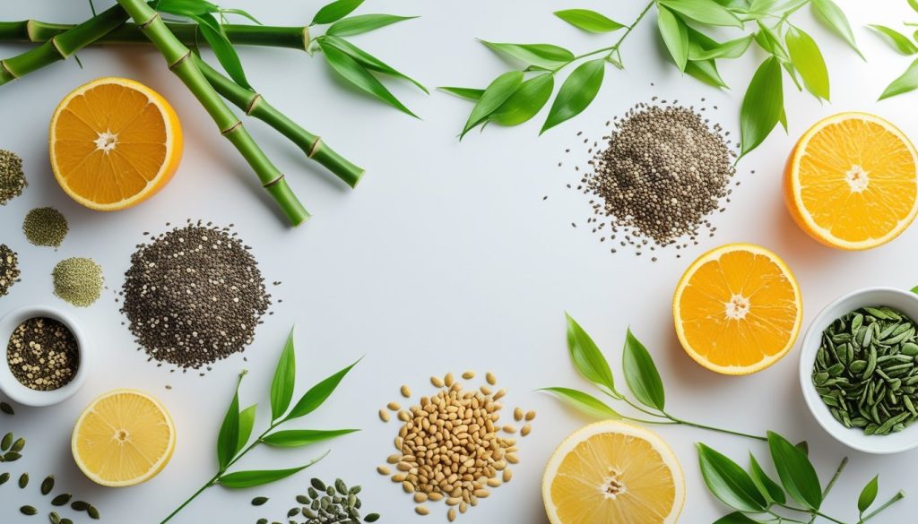 Vegan collagen ingredients—bamboo, seeds, citrus, and green tea.
