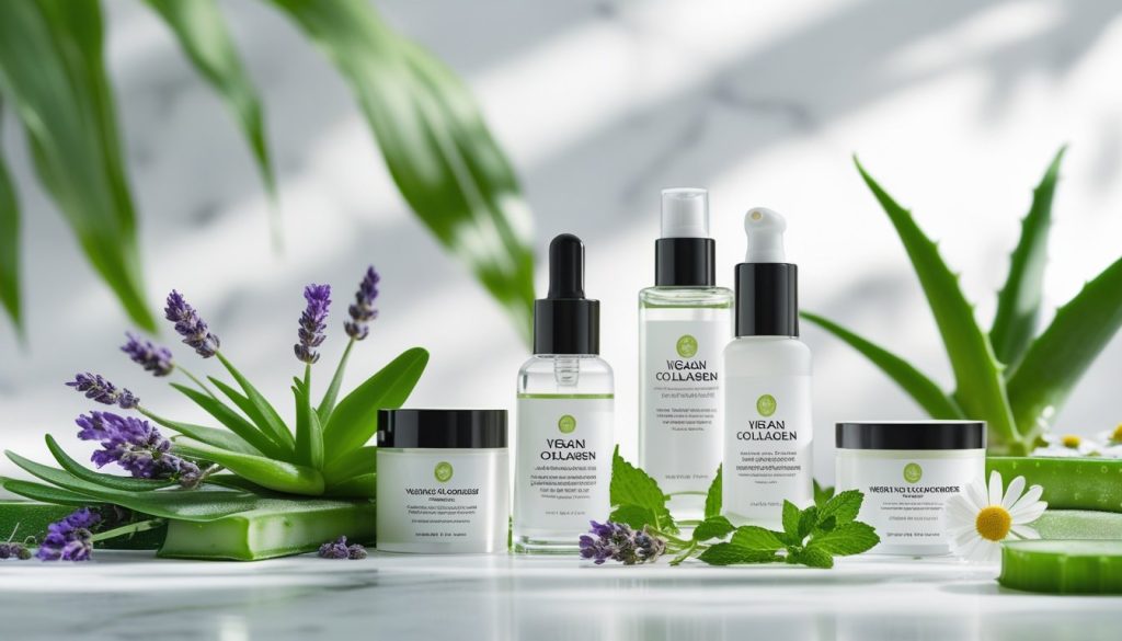 Vegan collagen skincare routine with plant extracts.