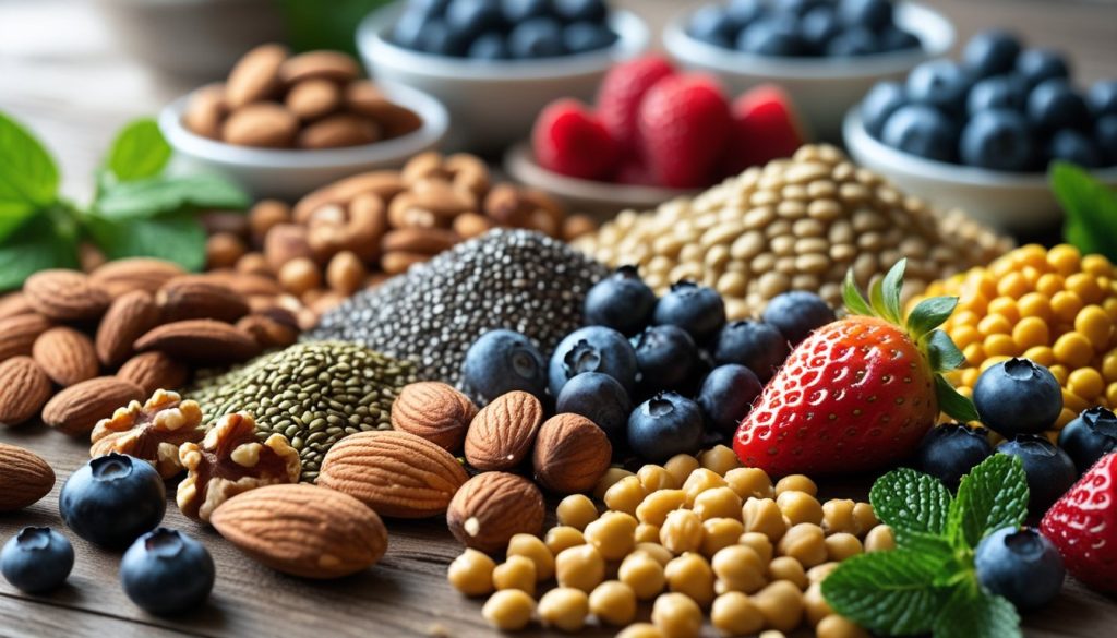 Vegan collagen-rich foods—nuts, seeds, legumes, and berries.