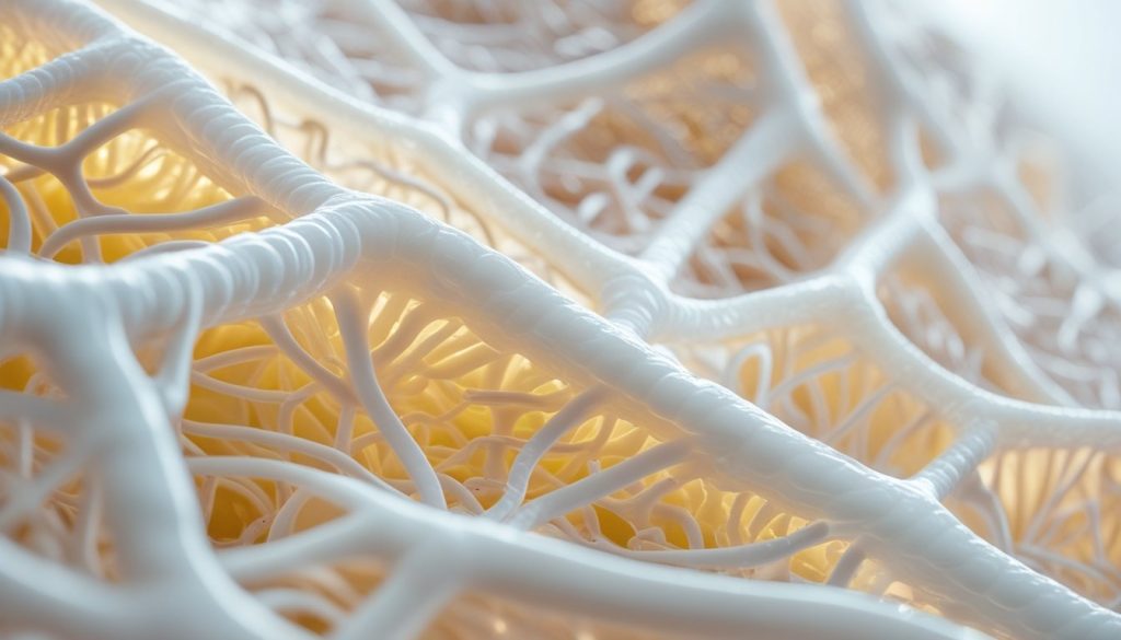 Collagen structure in healthy youthful skin showing organized fiber network.