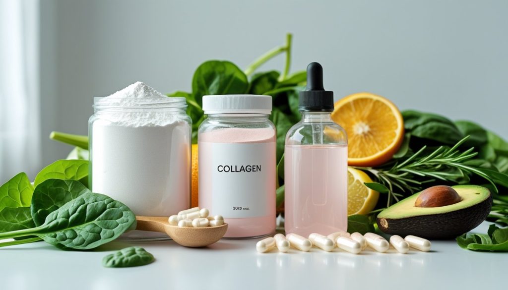 Various collagen supplement forms including powder, capsules, and liquid with natural ingredients.