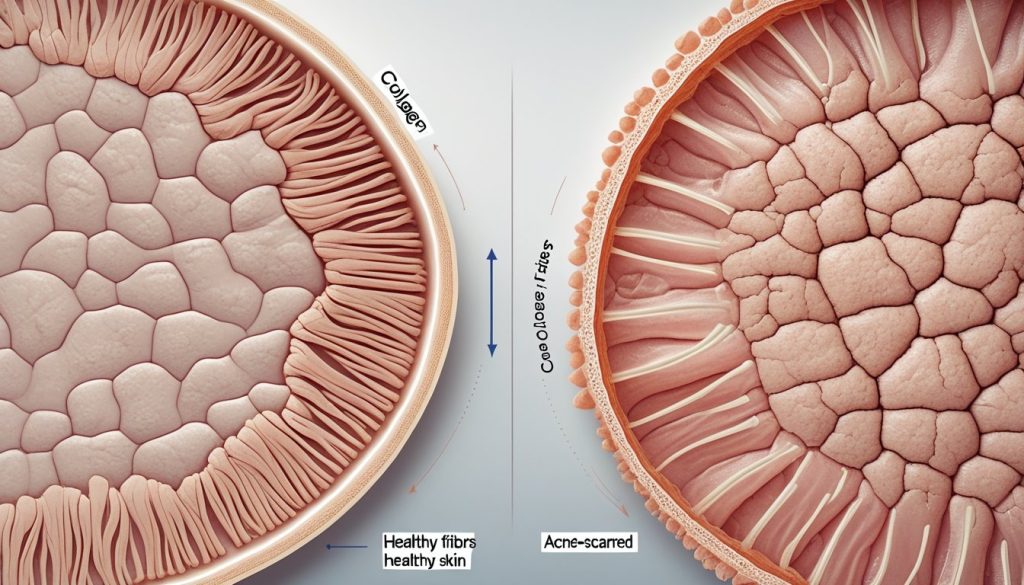 Acne Scars: Diagram showing collagen fibers in healthy skin versus acne-scarred skin.