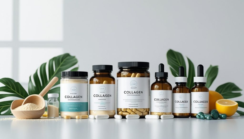 Various forms of collagen supplements including powders, capsules, and liquids.