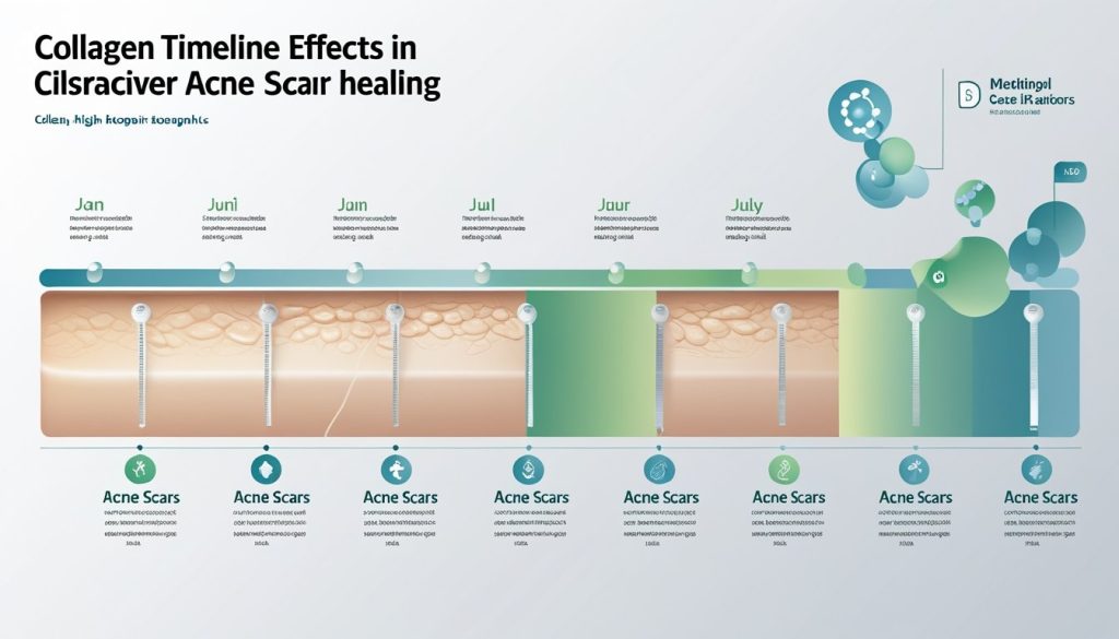 Timeline infographic showing collagen's effects on acne scars healing over months.