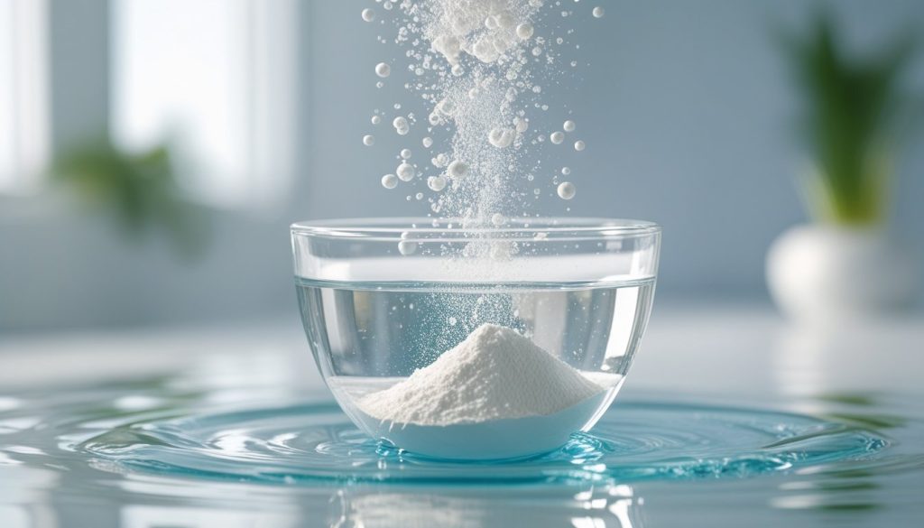 Marine collagen powder dissolving in water for skin elasticity boost.
