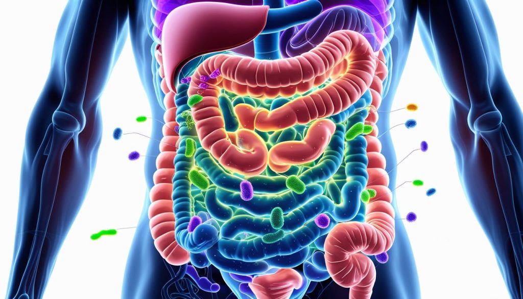 Digestive Supplements: Human digestive system showing beneficial gut bacteria and microbiome balance.