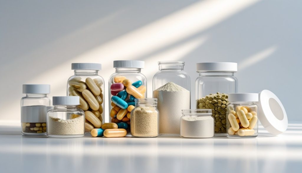 Collection of digestive health supplements including probiotics, fiber, and enzyme capsules.
