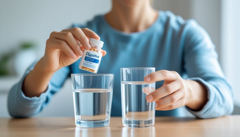 Person taking digestive supplement with water demonstrating proper supplementation.