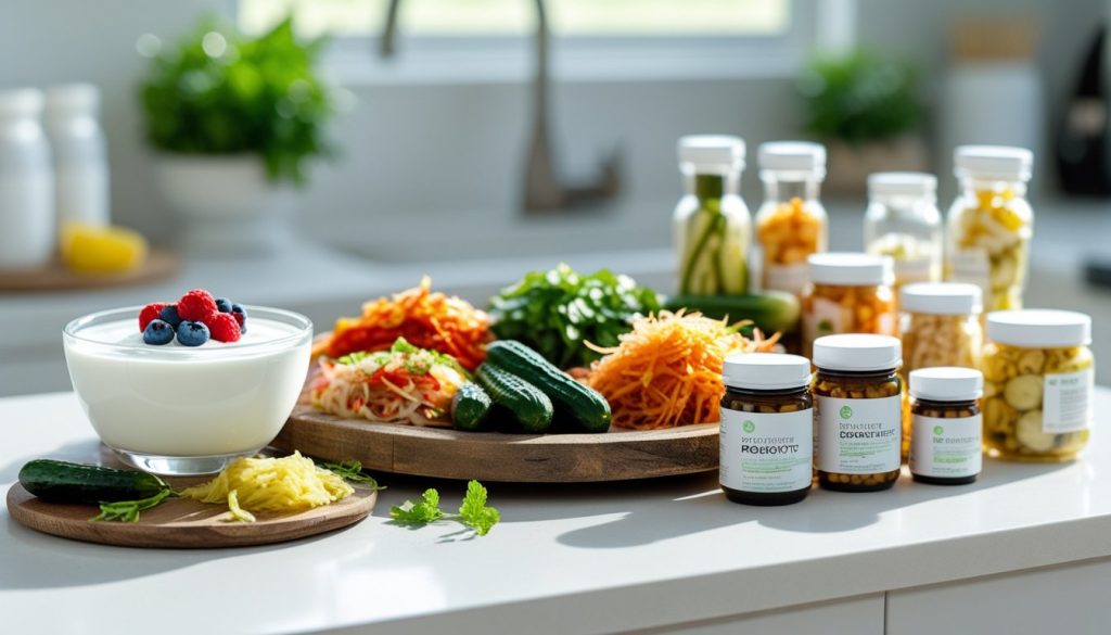 Probiotic foods like yogurt and fermented vegetables with digestive supplements.