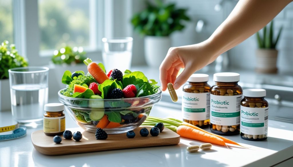 Probiotic supplements, healthy diet, digestive wellness, lifestyle, and gut health.