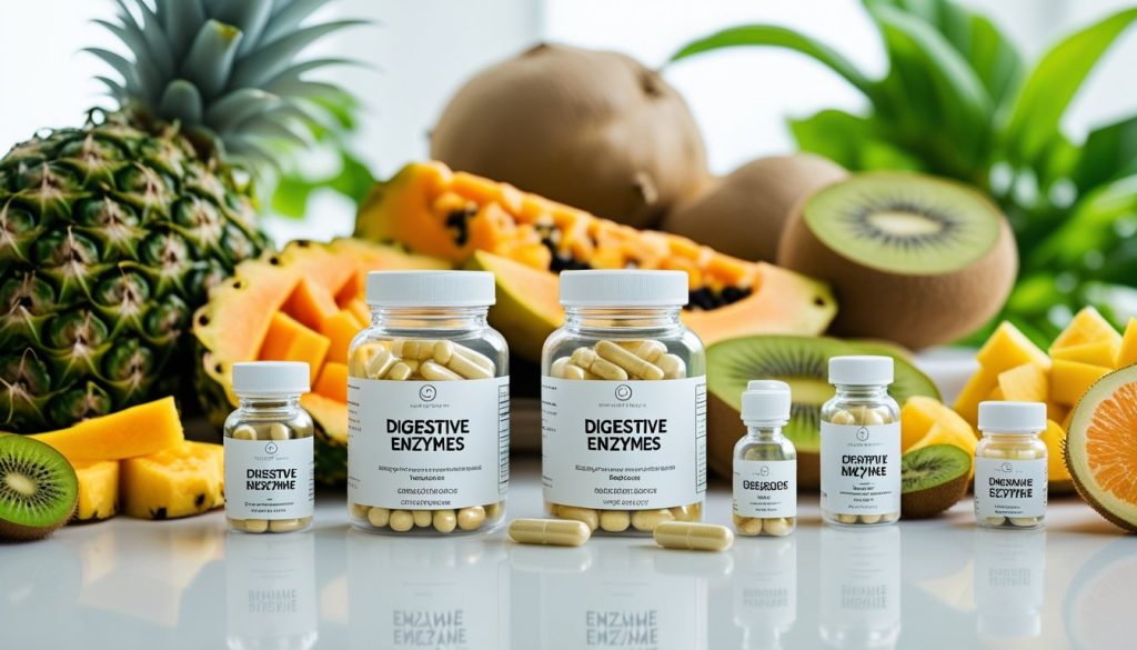 Digestive enzyme supplements with natural food sources showing enzyme variety.