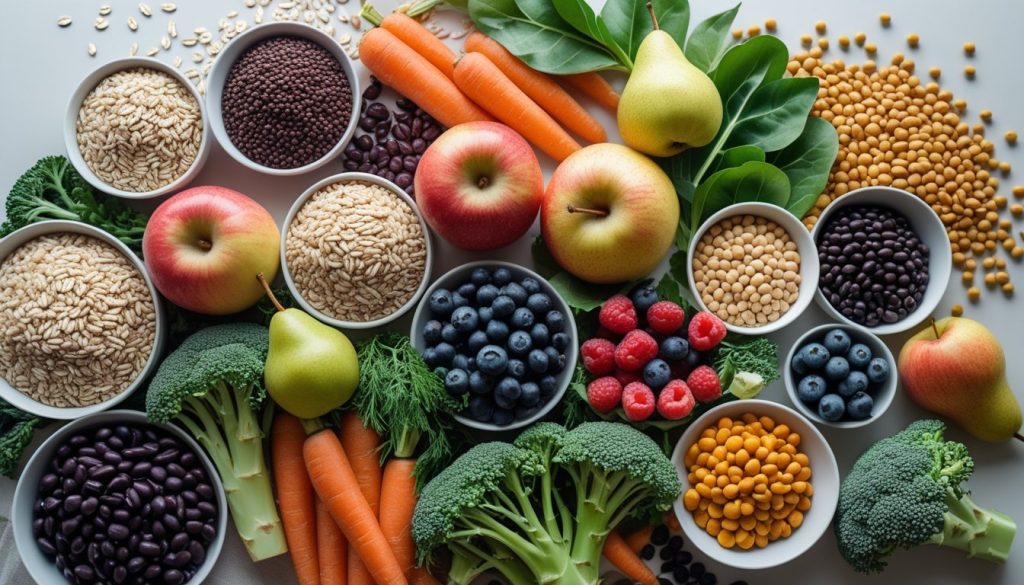 A colorful flat lay of fiber-rich foods, including whole grains, legumes, fresh fruits, and vegetables, emphasizing sources of fiber for digestive regularity.