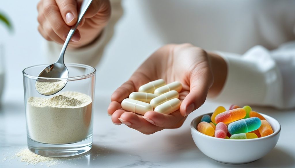 A comparison image showing three different forms of fiber supplements for digestive regularity: a glass with powder being stirred in, a hand holding fiber capsules, and a small bowl of fiber gummies.