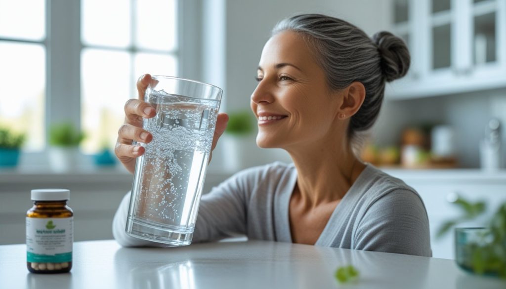 A person drinking a large glass of water, illustrating the importance of hydration when taking fiber supplements for digestive regularity.