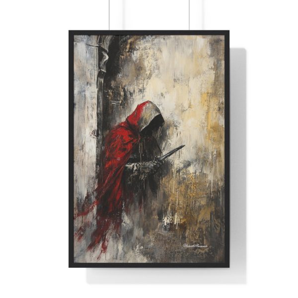 Mystical Red Cloaked Figure Vertical Framed Poster, Wall Art, Home Decor, Fantasy Artwork, Dark Aesthetic, Gift for Art Lovers