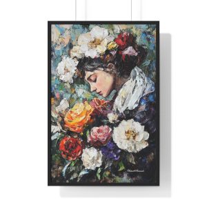 Floral Serenity Vertical Framed Poster, Vintage Art Print, Home Decor, Gift for Her, Wall Art, Women’s Day Decoration