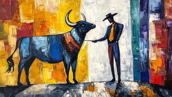 24 Powerful Bull and Matador Paintings 32x18in - Image 3