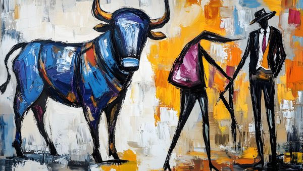 24 Powerful Bull and Matador Paintings 32x18in - Image 6