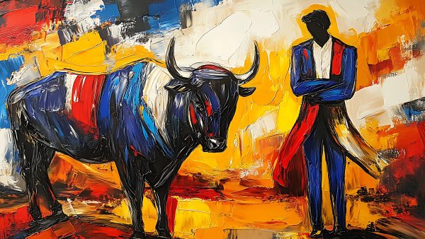 24 Powerful Bull and Matador Paintings 32x18in - Image 8