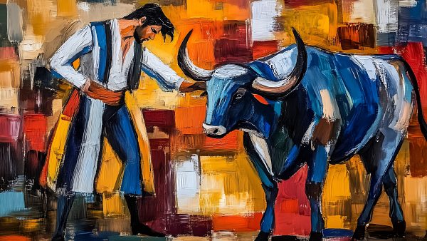 24 Powerful Bull and Matador Paintings 32x18in - Image 10