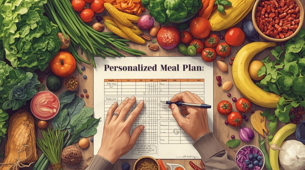 A person creating ultimate personalized meal plans by calculating nutritional needs with fresh ingredients nearby.