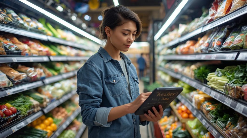 A shopper using their ultimate personalized meal plans grocery list to buy healthy food.