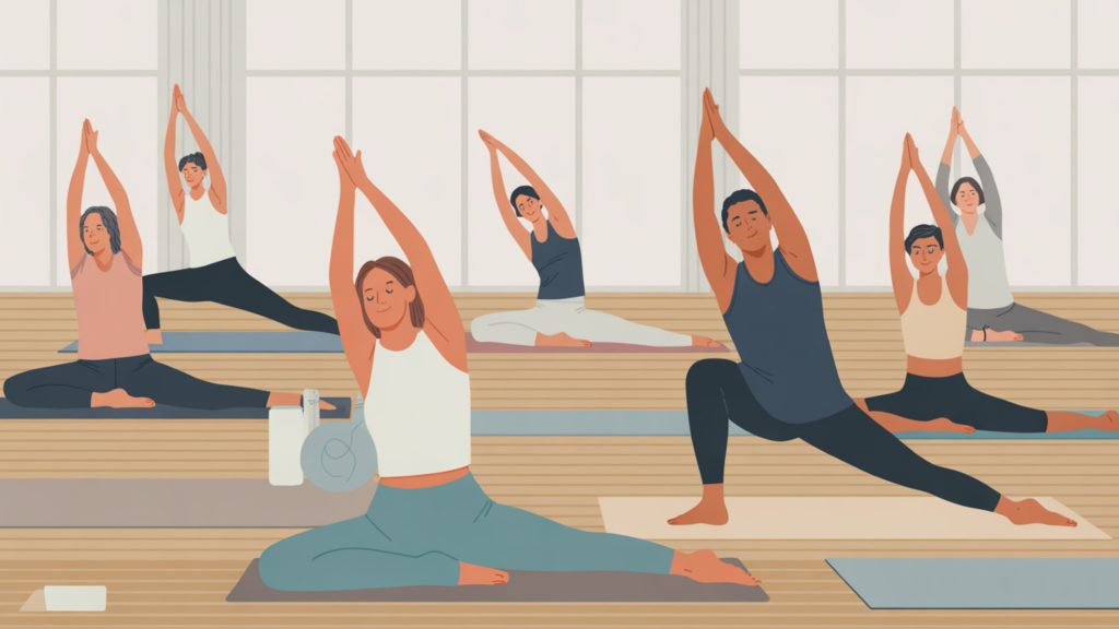 Diverse group practicing gentle yoga poses as stress management technique in fitness studio.