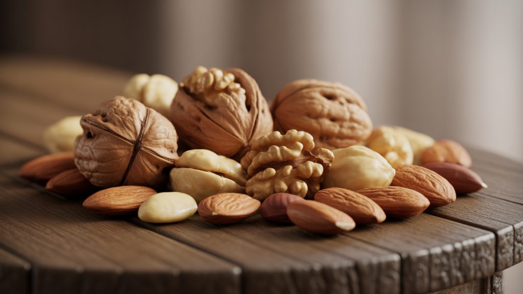 assorted nuts including walnuts and almonds for brain nutrition