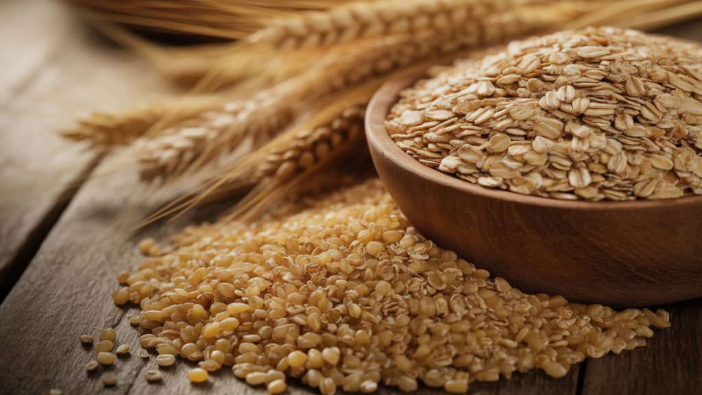 assorted whole grains including oats, quinoa, and barley providing prebiotic fiber for digestion