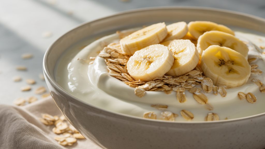 bowl of probiotic rich yogurt topped with bananas and oats for optimal gut microbiome support