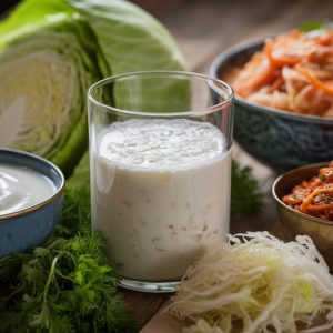 colorful array of gut healthy fermented foods including yogurt, kefir, sauerkraut, and kimchi for digestive health