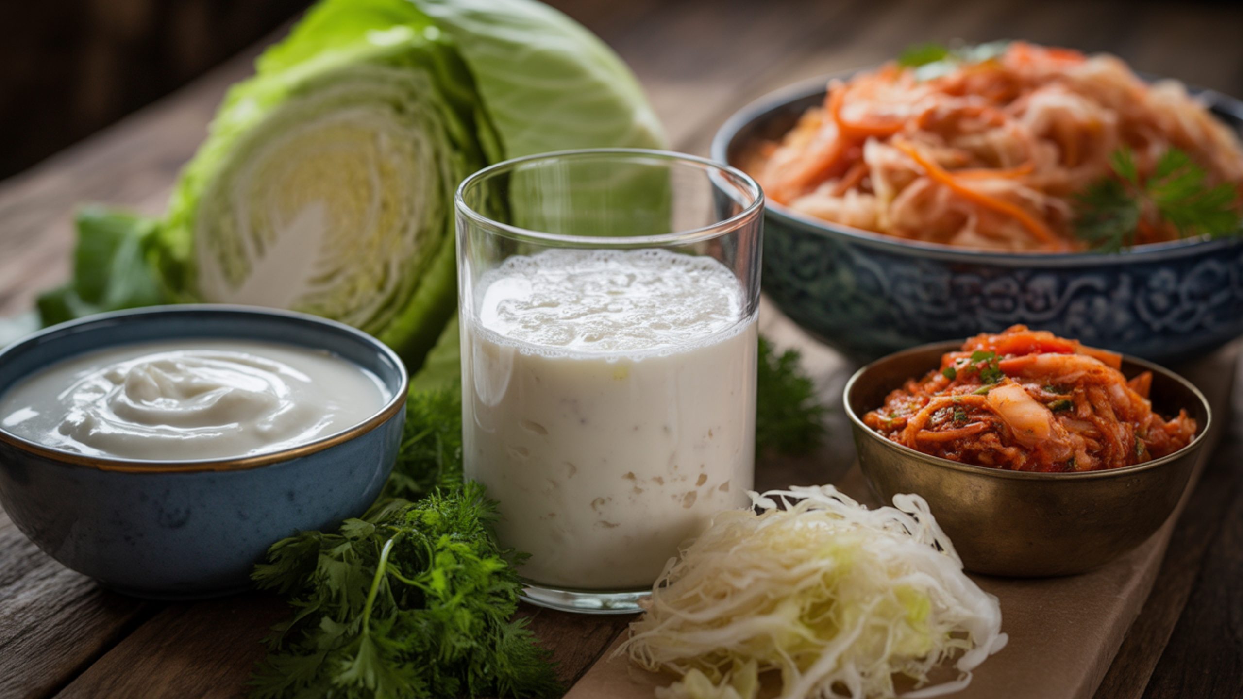 colorful array of gut healthy fermented foods including yogurt, kefir, sauerkraut, and kimchi for digestive health