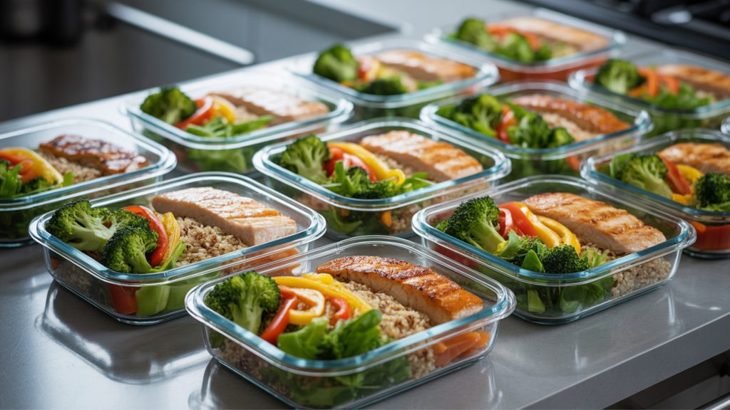 Weekly meal planner calendar with grocery list and batch-cooked ingredients in glass storage containers