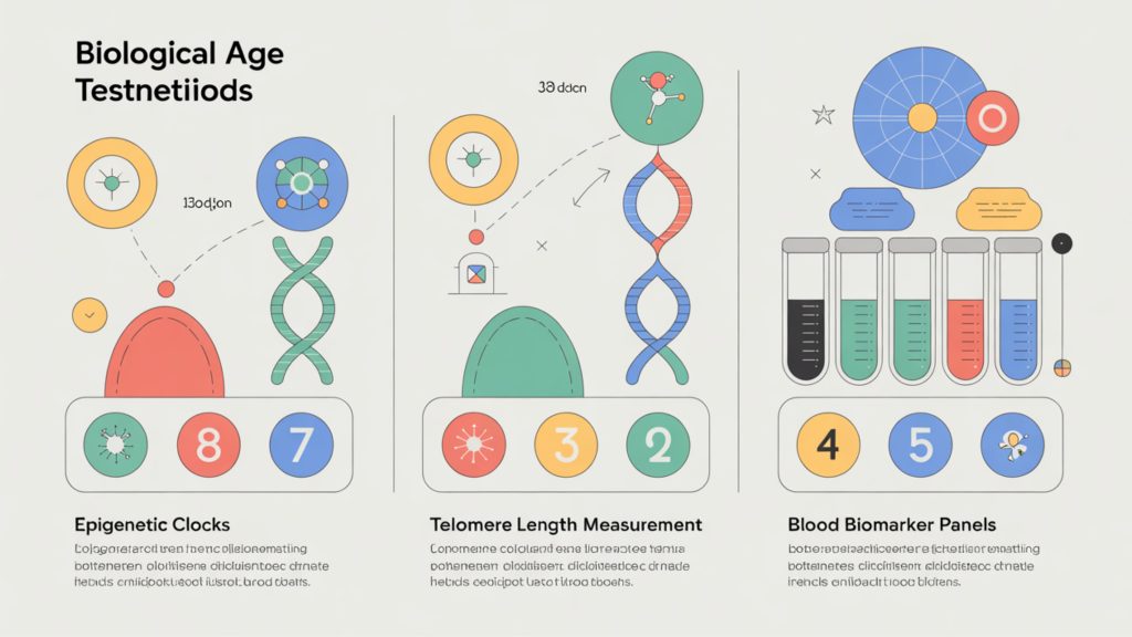 Comparison chart of three main biological age testing methods: epigenetic clocks, telomere length measurement, and blood biomarker panels