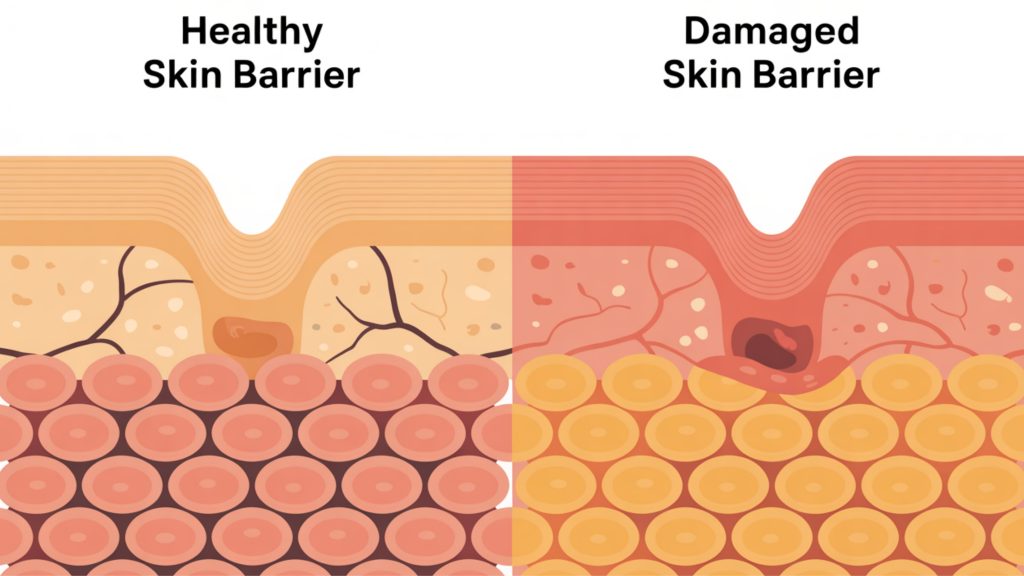 7-Step Skin Barrier Repair Routine Guide Side by side comparison showing intact skin barrier versus compromised damaged barrier structure