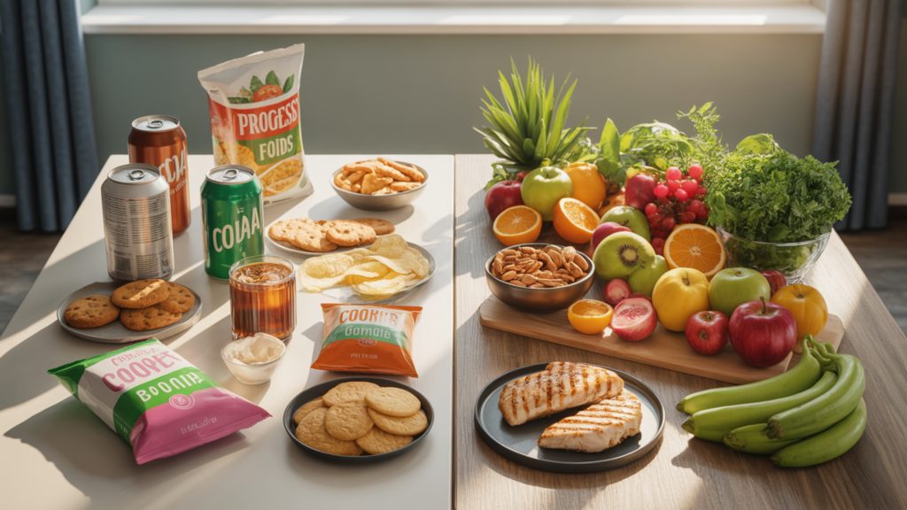 comparison showing processed foods versus whole foods for clean eating lifestyle