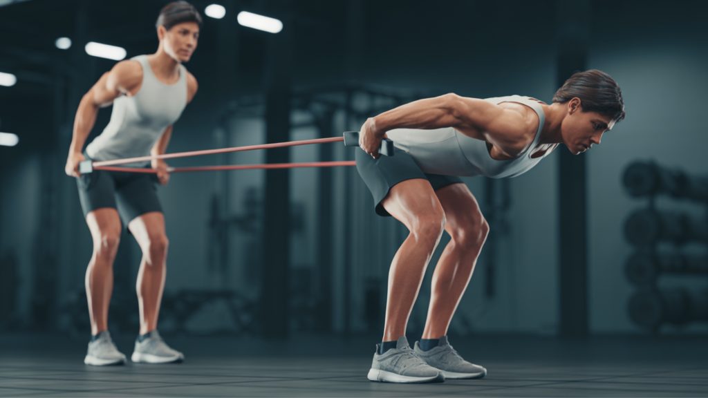Resistance band row exercise demonstration for beginners showing proper form and body positioning in home workout