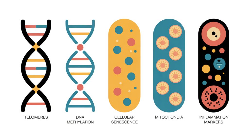 Diagram showing five hallmarks of biological aging including telomeres, DNA methylation, cellular senescence, mitochondria, and inflammation markers