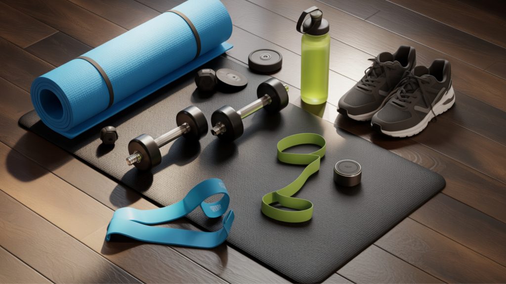 Essential beginner workout equipment including yoga mat dumbbells resistance bands for home fitness routines