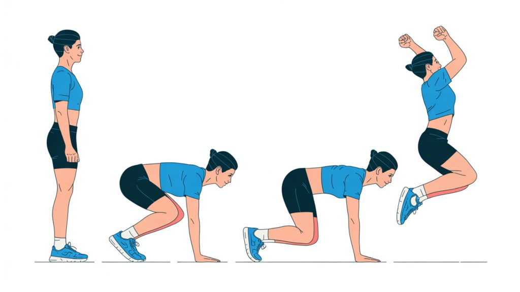 Step-by-step burpee demonstration for no-equipment home workouts showing complete movement sequence with proper form