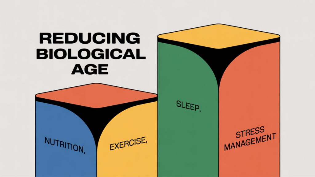 Four-pillar framework showing nutrition, exercise, sleep, and stress management as foundations for reducing biological age