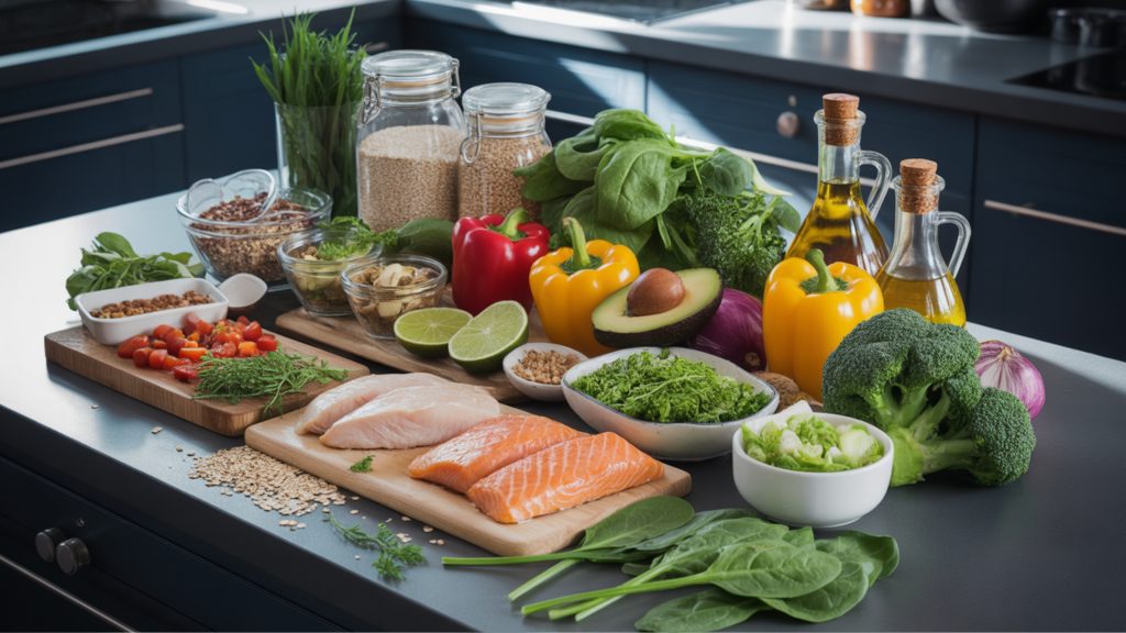 Fresh ingredients organized by food groups showing whole grains lean proteins healthy fats and vegetables