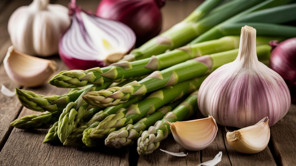 fresh prebiotic vegetables including garlic, onions, and asparagus that feed beneficial gut bacteria