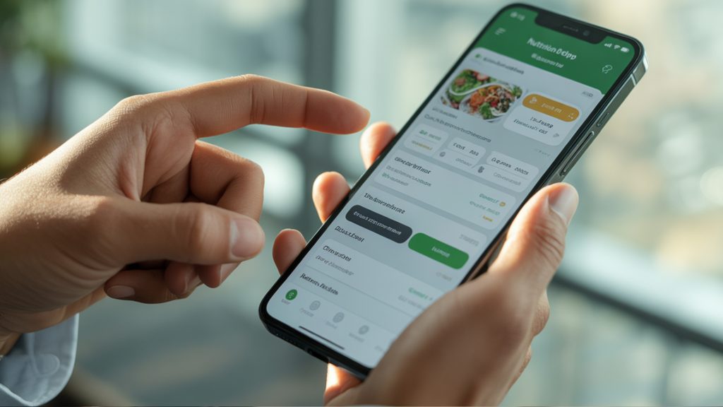 Hands using smartphone nutrition app to track meals and create custom meal plan schedule