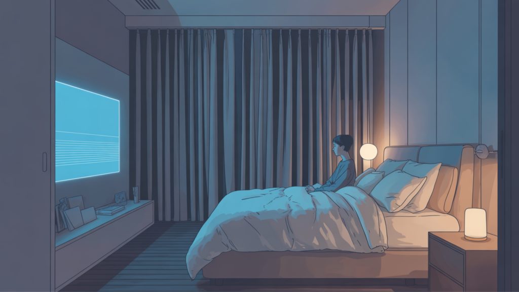 Adult maintaining sleep hygiene habits in optimized bedroom for disease prevention