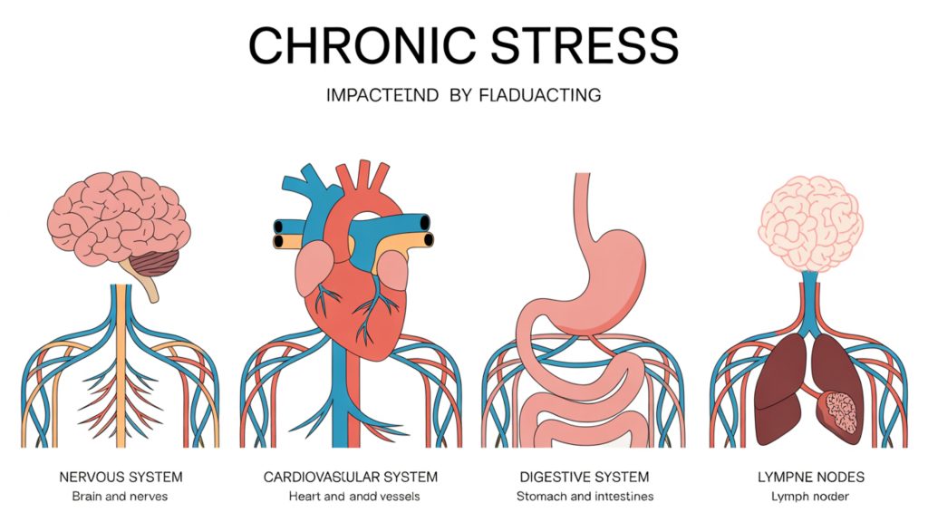 Infographic illustrating how chronic stress affects cardiovascular, immune, digestive, and nervous systems.