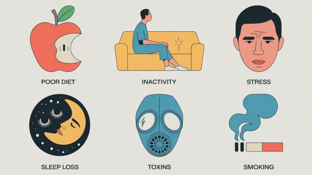 Infographic showing six major factors that accelerate biological aging: poor diet, inactivity, stress, sleep loss, toxins, and smoking
