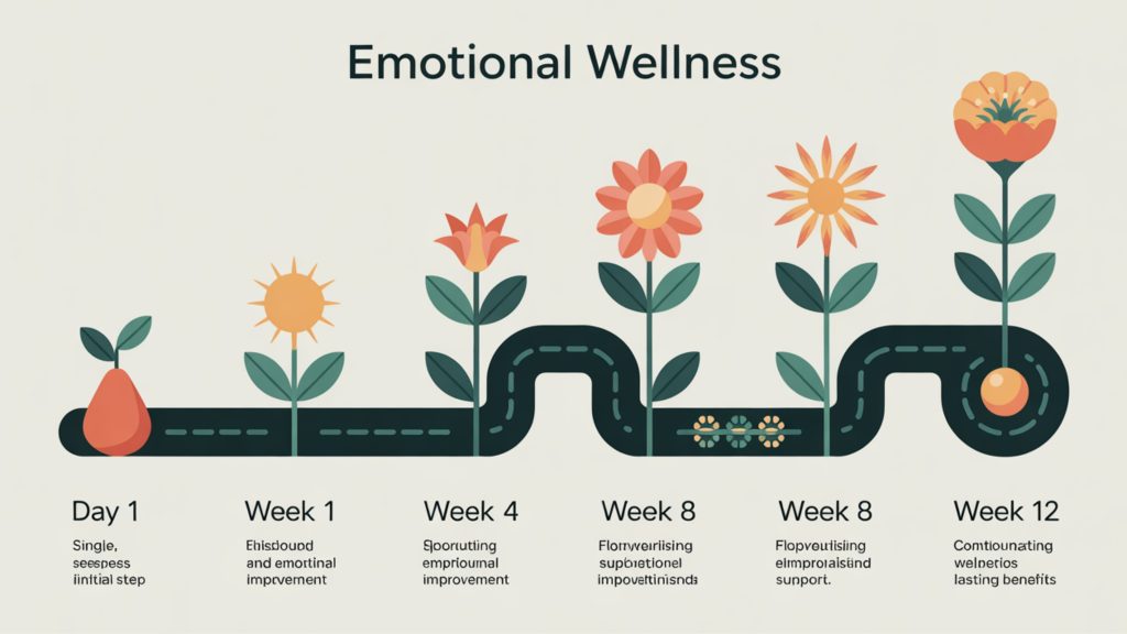 Timeline infographic displaying progressive benefits of daily emotional wellness habits over twelve weeks.