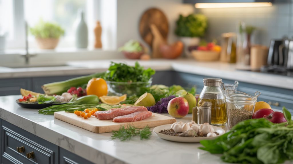 kitchen counter with fresh ingredients for clean eating meal preparation