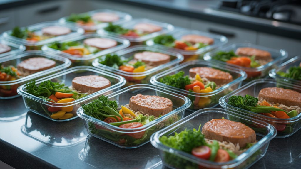 meal prep containers with balanced clean eating meals featuring lean protein and vegetables